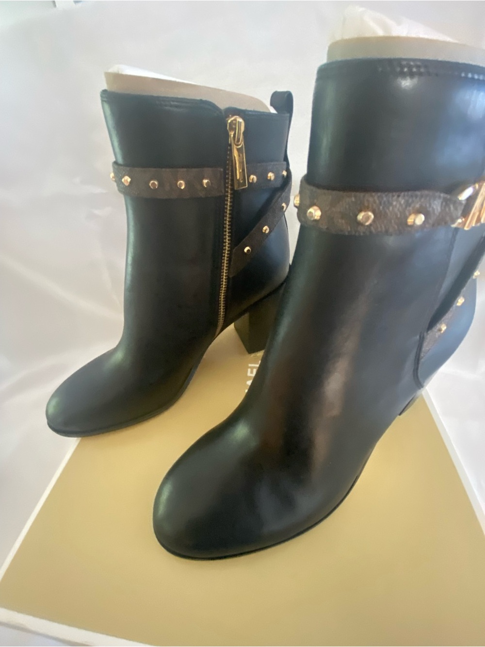 MICHAEL Michael Kors Black Leather Studded Ankle Booties with Gold Hardware - Picture 10 of 13